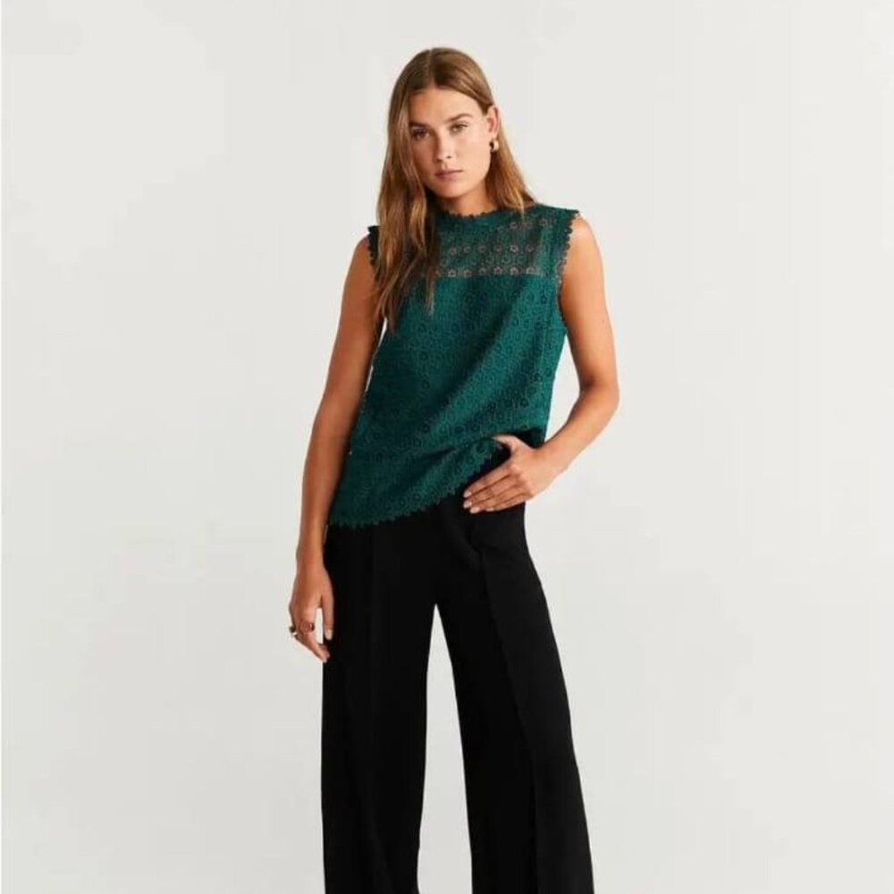 Mango Sleeveless Lace Blouse, Green Color, Size US XXS Made in Turkey